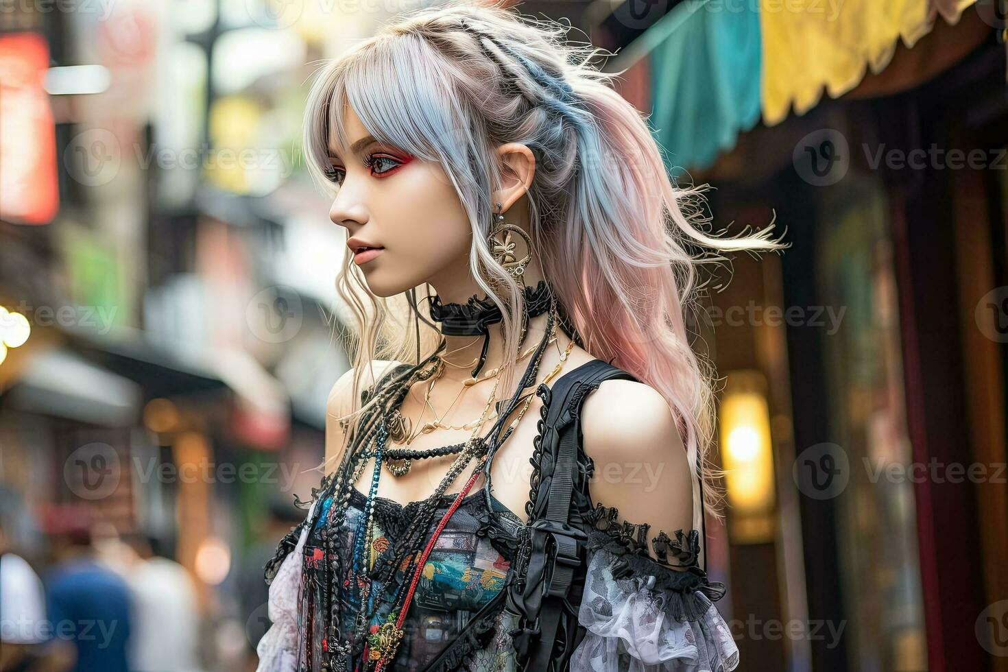 een jong vrouw reiziger zwerft takeshita straat in harajuku Tokio levendig hub van jeugd mode en cosplay foto