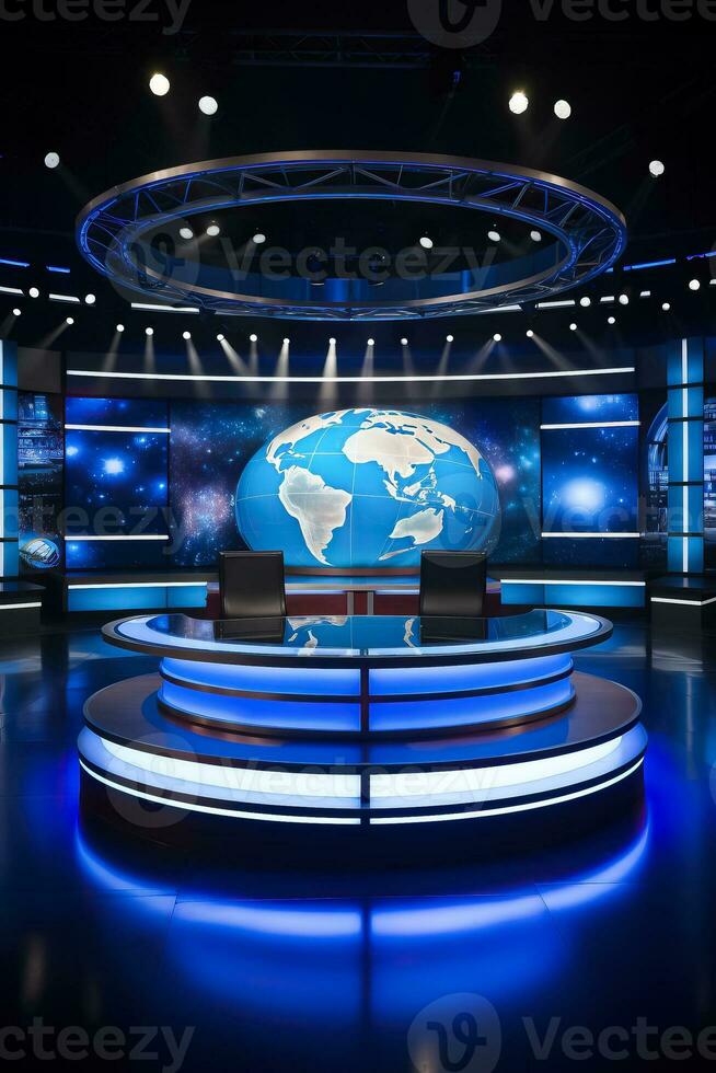 een beeld presentatie van een nieuws studio met blauw lichten en een wereldbol foto