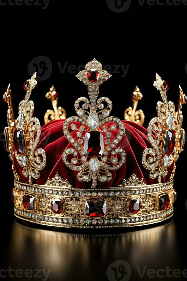 geïsoleerd goud kroon met rood juwelen beeltenis een middeleeuws ontwerp geplaatst Aan een wit achtergrond foto