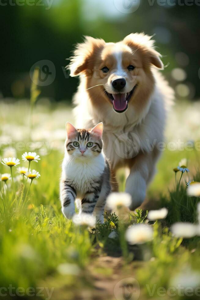 een pluizig kat en een gelukkig hond wandeling door een zonnig voorjaar weide foto