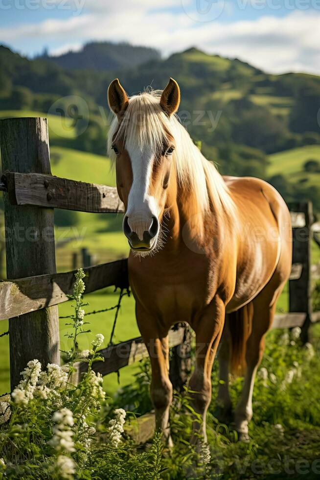 een gezadeld paard vastgebonden naar een houten hek in een weelderig groen veld- foto