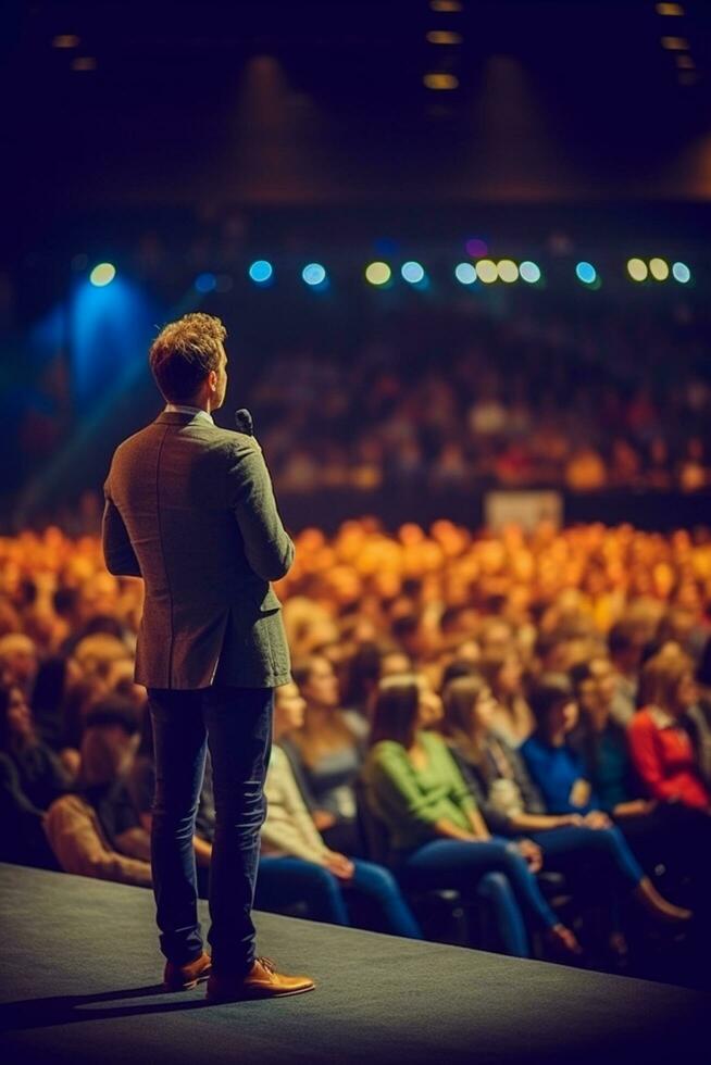 grondtoon spreker bezighoudt groot publiek in groots congres hal - ai gegenereerd foto