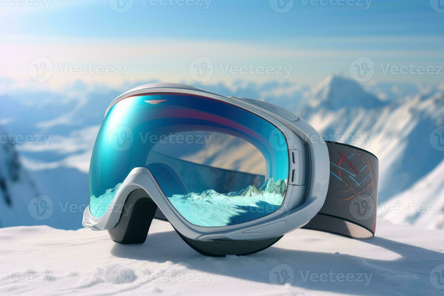 dichtbij omhoog van een wit ski bril aan het liegen in de sneeuw ai gegenereerd foto