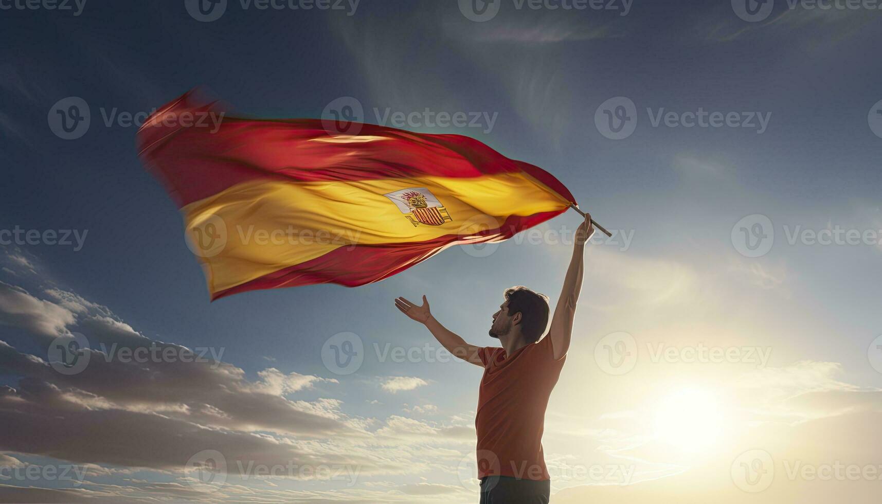 Mens Holding een Spaans vlag Aan de lucht achtergrond. 3d illustratie foto