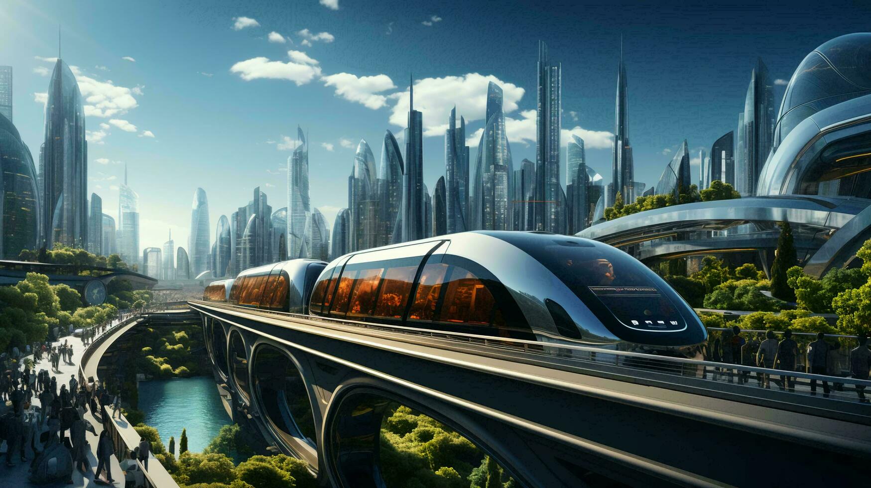 hoge snelheid trein Aan de achtergrond van een futuristische stad foto