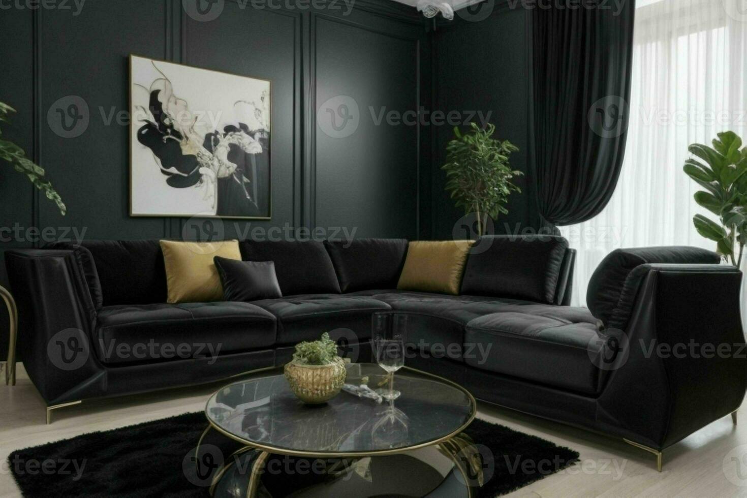 modern leven kamer ontwerp met comfortabel sofa en elegant decoratie foto