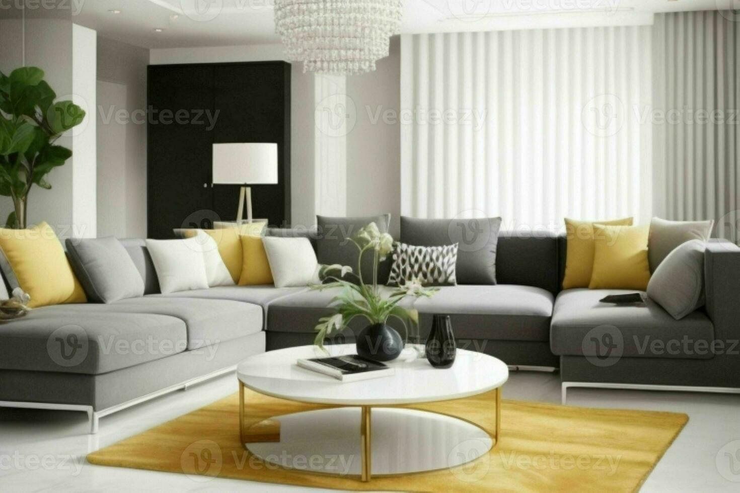 modern leven kamer ontwerp met comfortabel sofa en elegant decoratie foto