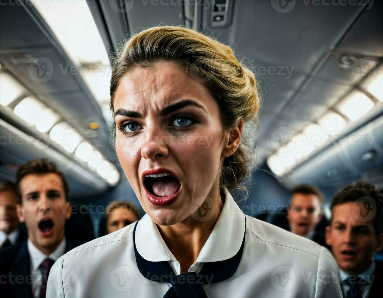 foto van woede boos lucht gastvrouw bemanning vrouw ruzie maken de andere met wond Aan gezicht, generatief ai