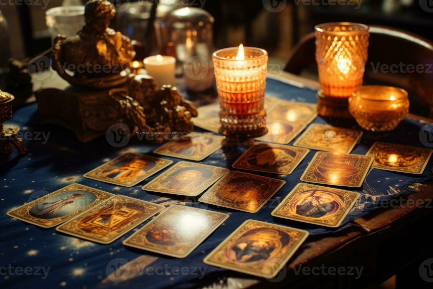 tarot kaarten Aan houten tafel. fortuin vertellen en lezing toekomst. generatief ai foto