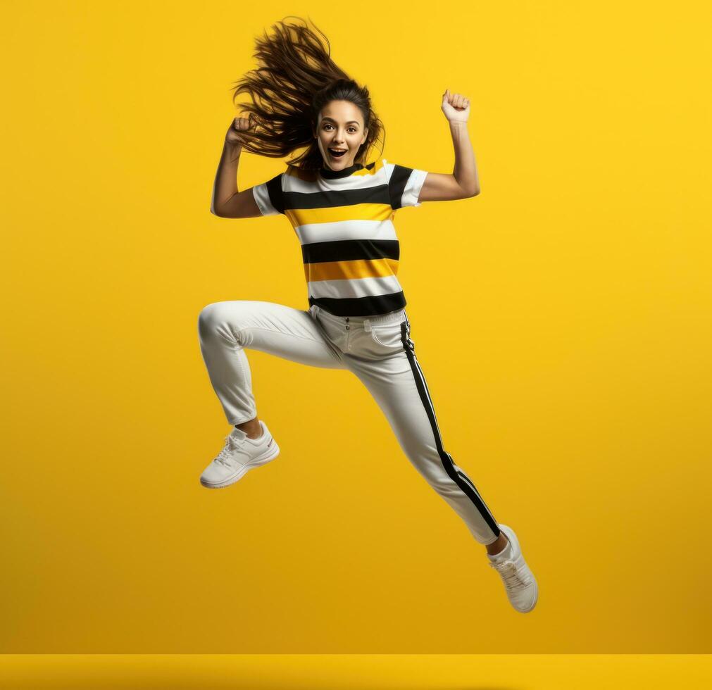 een tiener- meisje jumping in sport- kleding Aan geel achtergrond foto