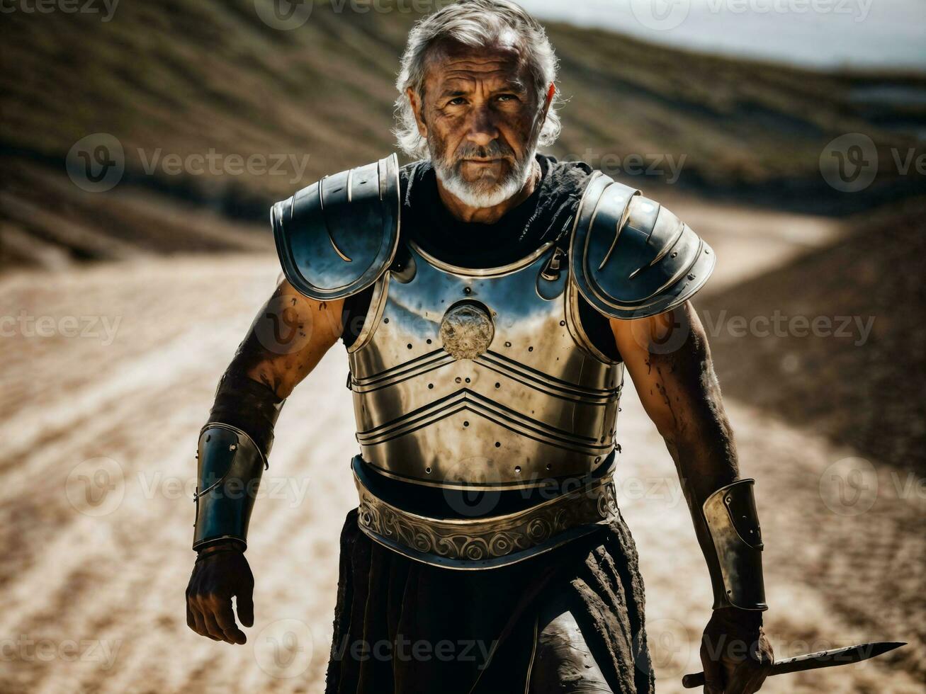 foto van sterk oude senior mannetje krijger met Romeins schild bevlekt, generatief ai