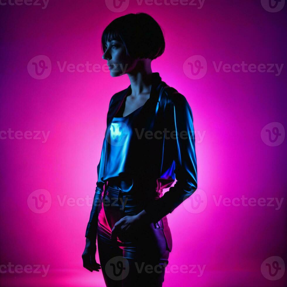 foto van mooi vrouw met kort haar- en gemengd roze neon licht, generatief ai