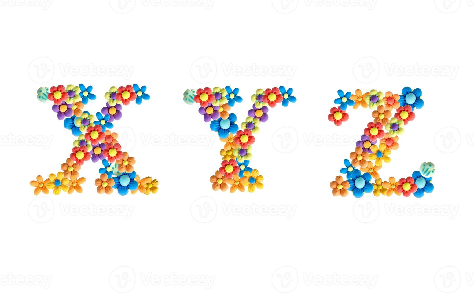 een reeks van brieven voor de ontwerp van de titel of tekst in vol. uniek 3d handgemaakt plasticine ontwerp in de het formulier van luchtig bloemen. de alfabet is bloemen en kleurrijk s t u v w foto