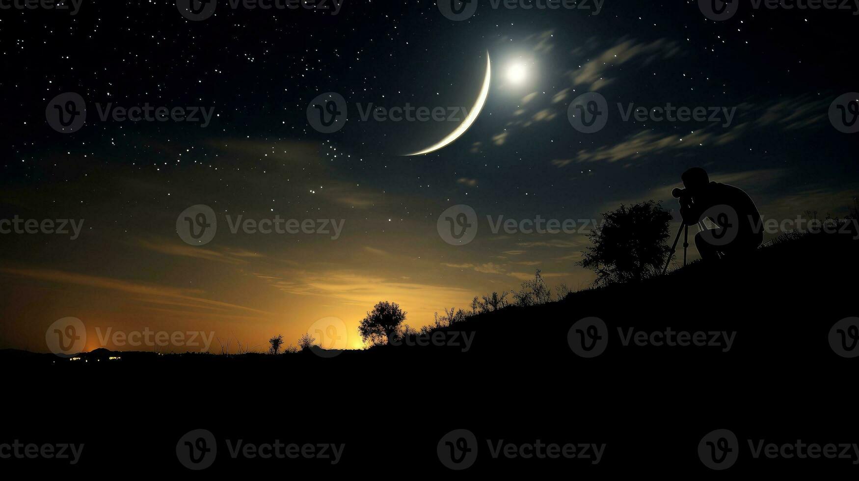 landschap met maan in nacht tijd. nacht lucht met sterren en silhouet fotograaf nemen foto Aan de berg, generatief ai illustratie
