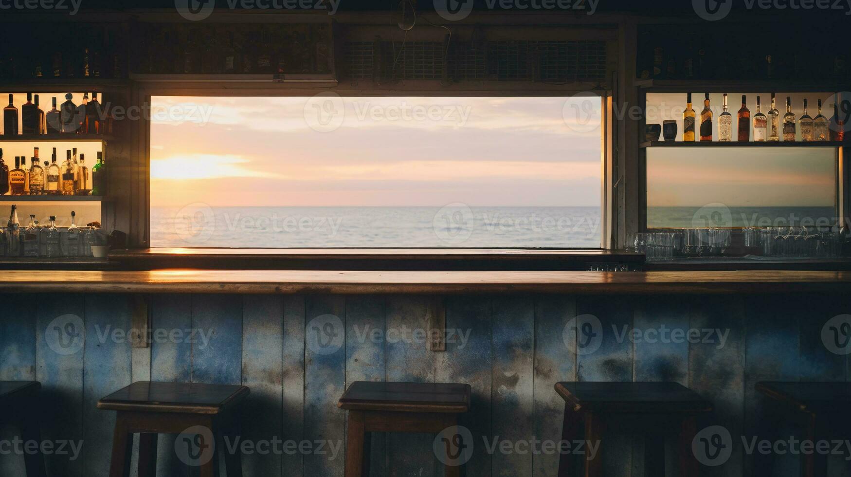 generatief ai, zomer zonsondergang strand bar achtergrond. buitenshuis restaurant, LED licht kaarsen en houten tafels, stoelen onder mooi zonsondergang lucht, zee visie. foto