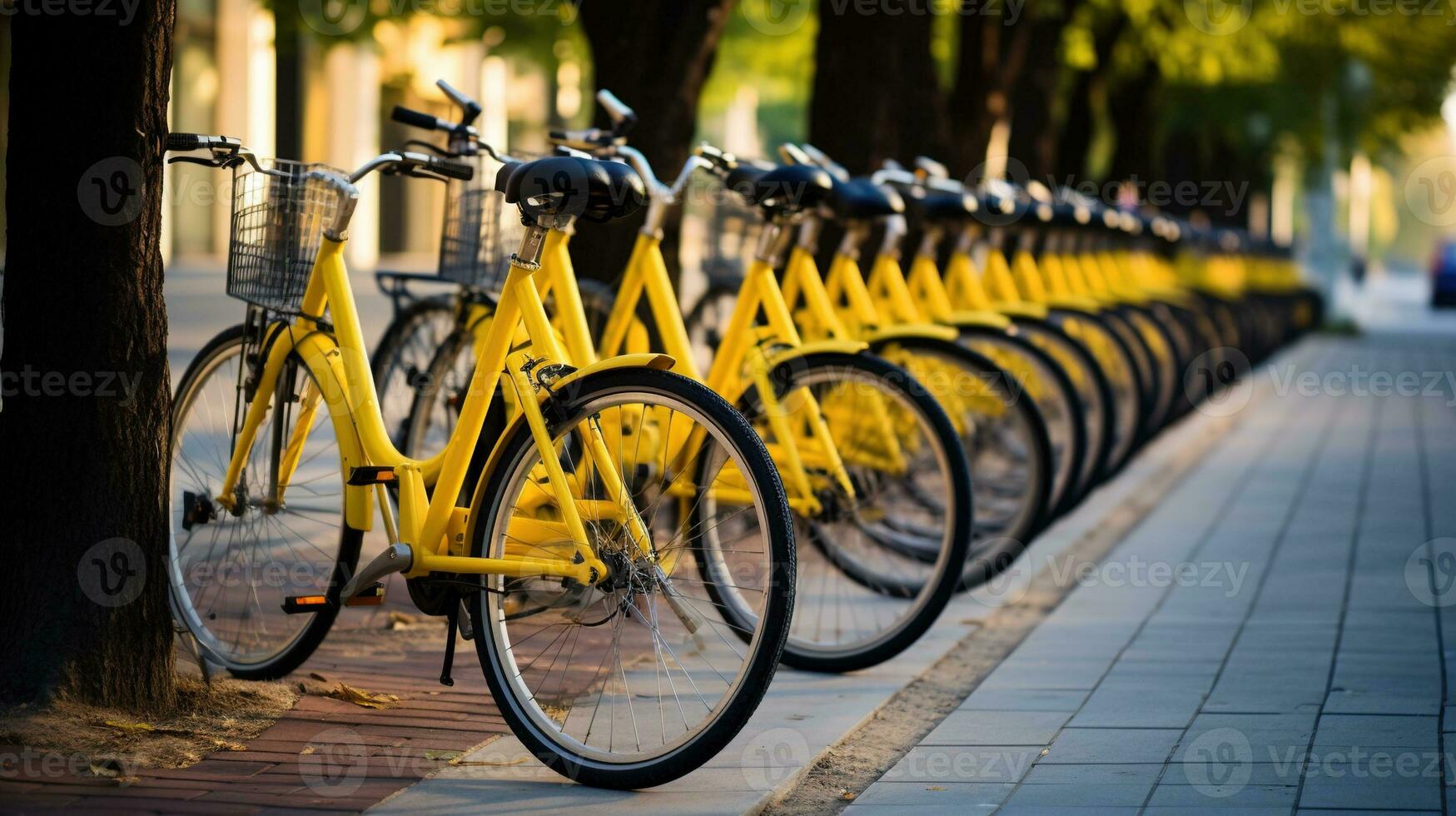 generatief ai, fiets sharing systeem, veel geel stad Fietsen geparkeerd. gezond ecologie stedelijk vervoer. foto