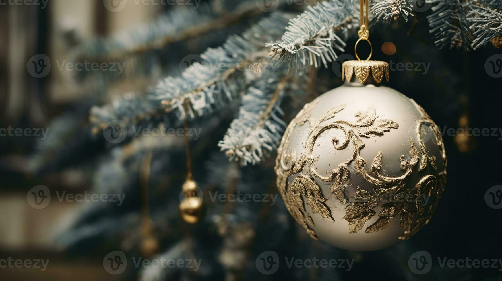 generatief ai, kerstmis en nieuw jaar ballen in de Spar boom takken, vakantie concept, feestelijk winter seizoen achtergrond foto