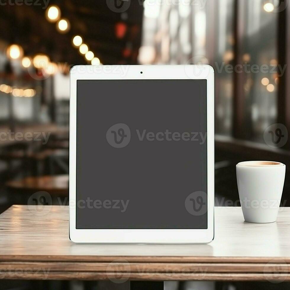 ai generatief hoog kwaliteit foto van groot tablet met blanco scherm Aan de tafel, perfect naar creëren mockup voorbeeld