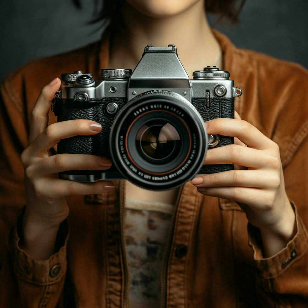 ai generatief hoog kwaliteit foto van vrouw hand- Holding spiegelloos camera