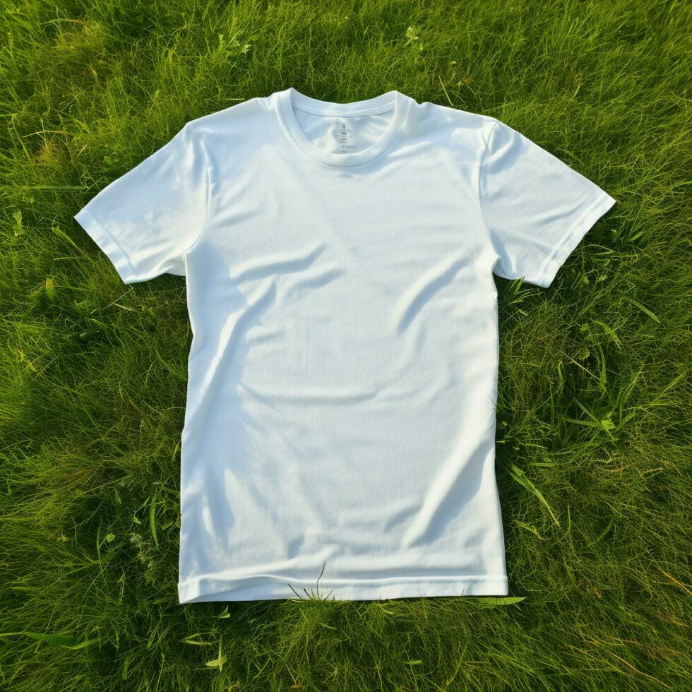 ai generatief hoog kwaliteit van blanco wit t-shirt Aan de groen gras, perfect voor mockup voorbeeld foto