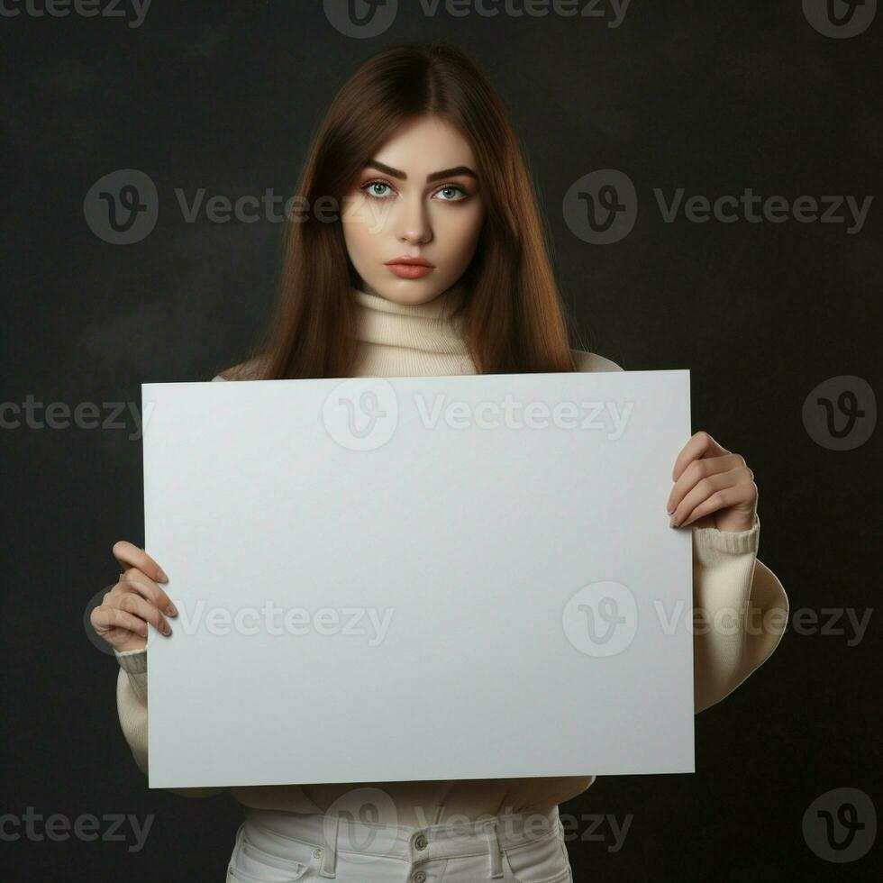 ai gegenereerd verdrietig meisje Holding een blanco wit bord foto