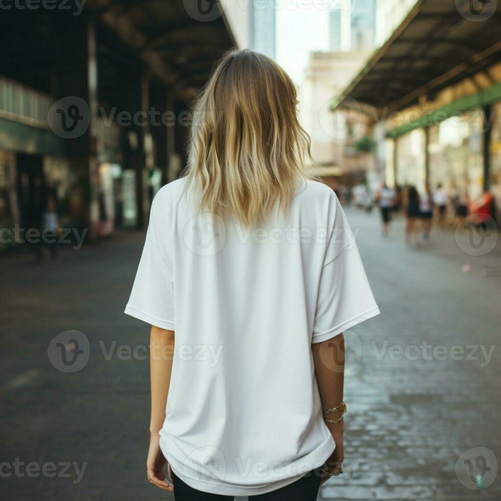 ai gegenereerd meisje model- vervelend blanco wit overmaats t - shirt. la straat. terug visie. modern stijl foto
