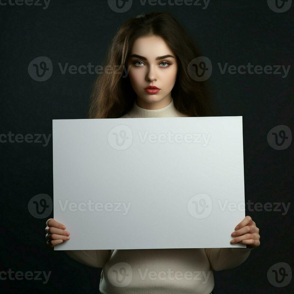 ai gegenereerd verdrietig meisje Holding een blanco wit bord in donker achtergrond foto