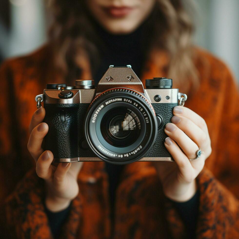 ai generatief hoog kwaliteit foto van vrouw hand- Holding spiegelloos camera