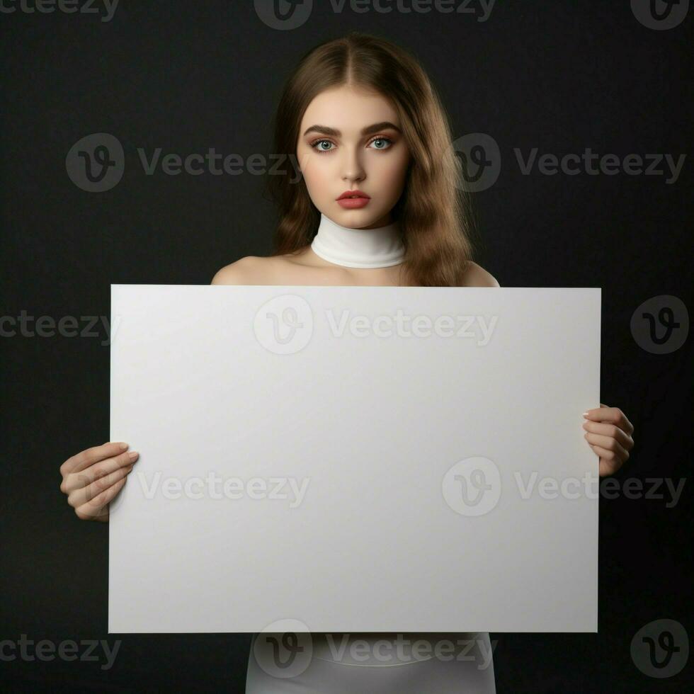 ai gegenereerd verdrietig meisje Holding een blanco wit bord foto