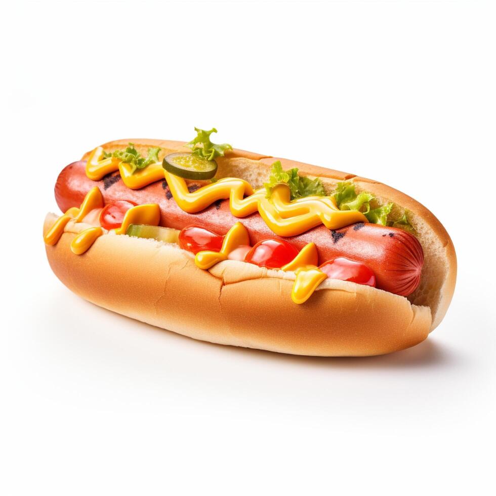 ai generatief hoog kwaliteit van 3d hotdog ontwerp in wit achtergrond foto