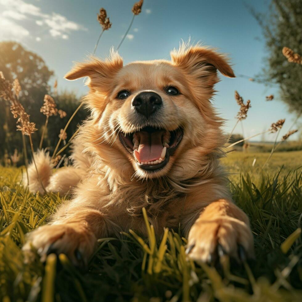 ai generatief hoog kwaliteit foto van een gelukkig hond spelen bal Aan de gras