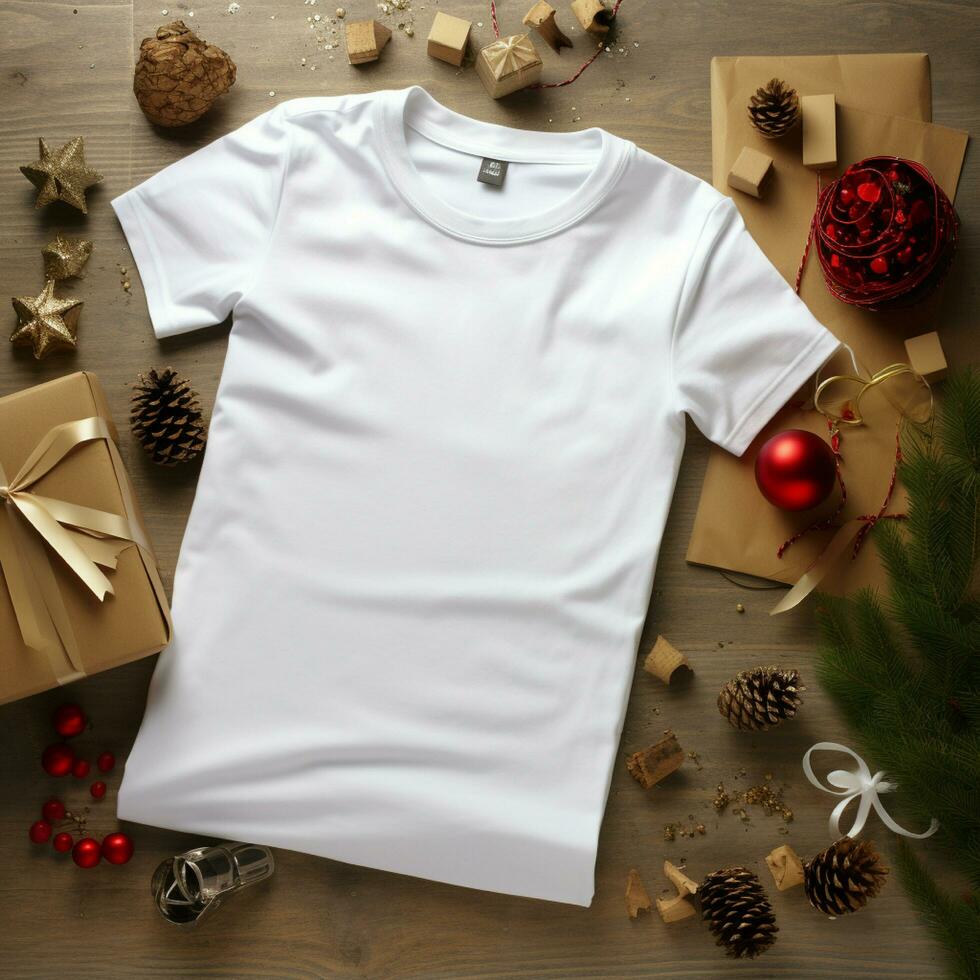 ai gegenereerd blanco wit t-shirt aan het liegen in een slapen positie Aan een houten tafel, naast het zijn meerdere Kerstmis dingen foto