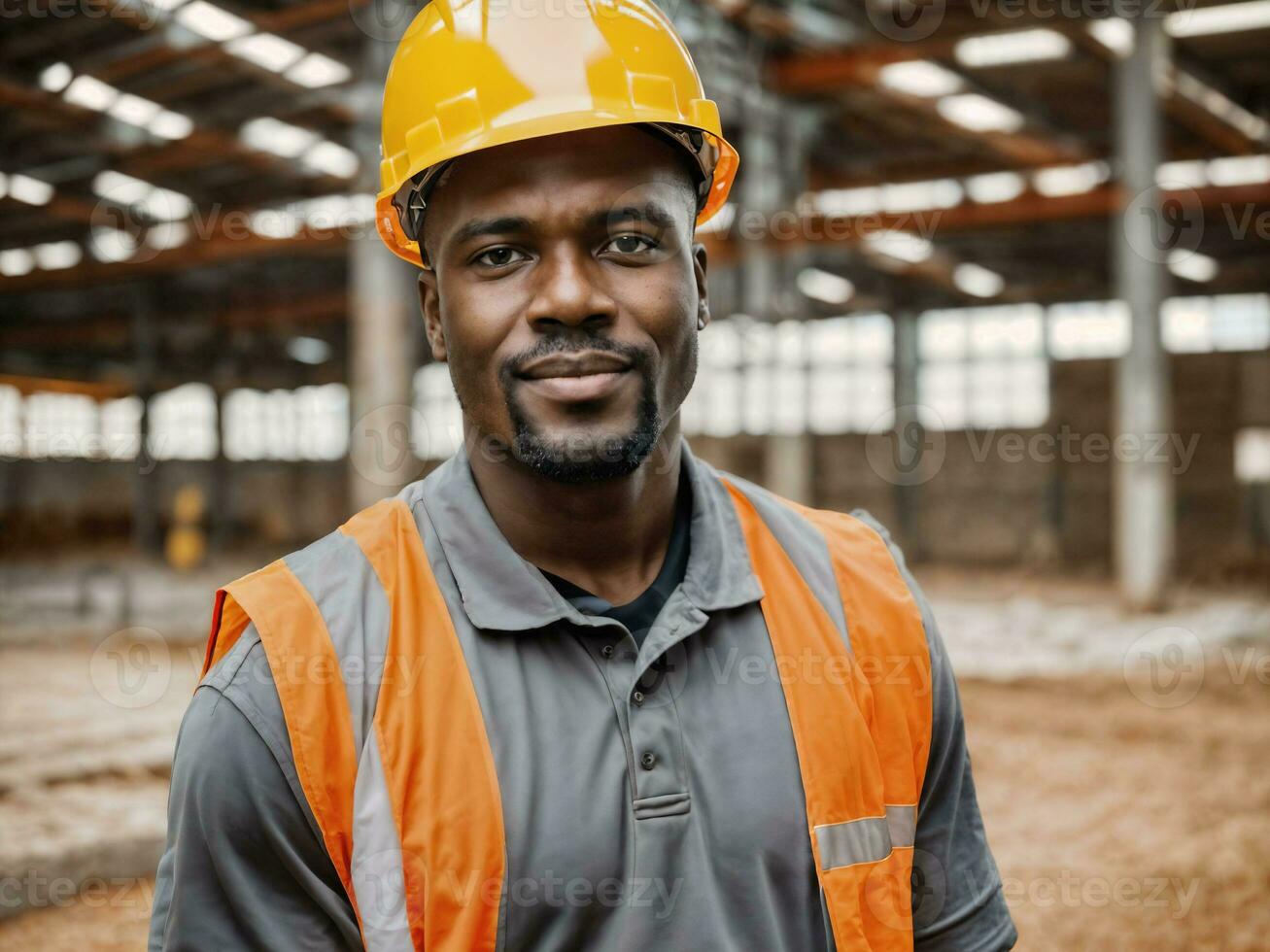 foto van Afrikaanse zwart Mens net zo een bouw arbeider met helm, generatief ai