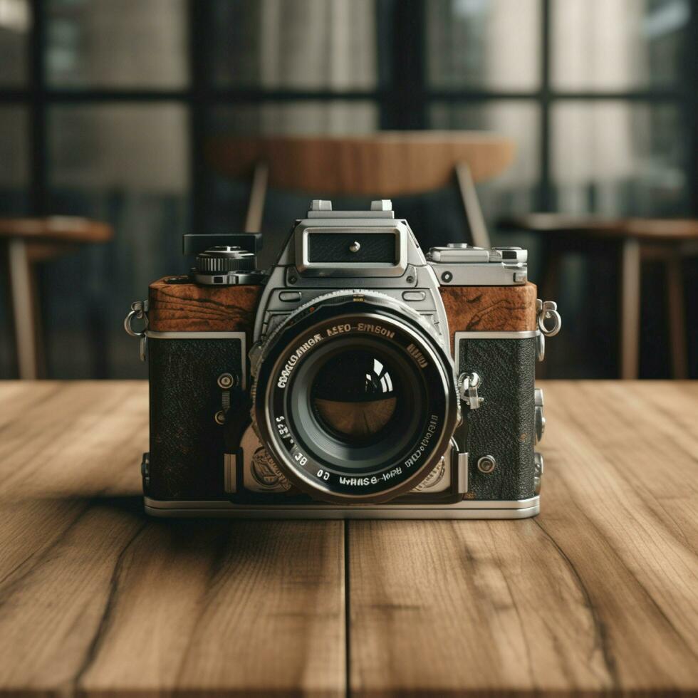 ai generatief van hoog resolutie foto van oud analoog camera geplaatst Aan de tafel