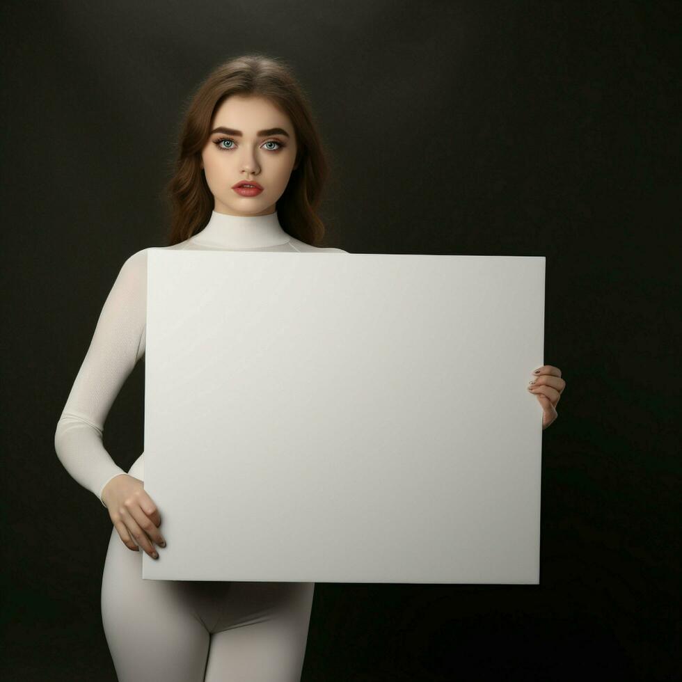 ai gegenereerd verdrietig meisje Holding een blanco wit bord in donker achtergrond foto