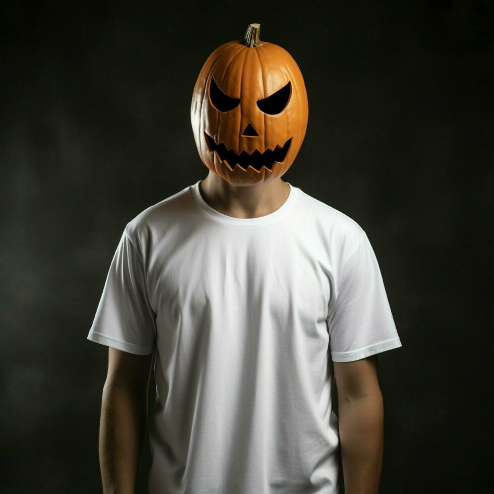 ai gegenereerd Mens vervelend blanco wit t - shirt, vervelend groot halloween pompoen masker foto