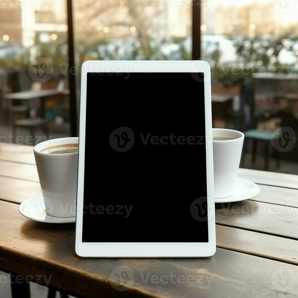 ai generatief hoog kwaliteit foto van groot tablet met blanco scherm Aan de tafel, perfect naar creëren mockup voorbeeld