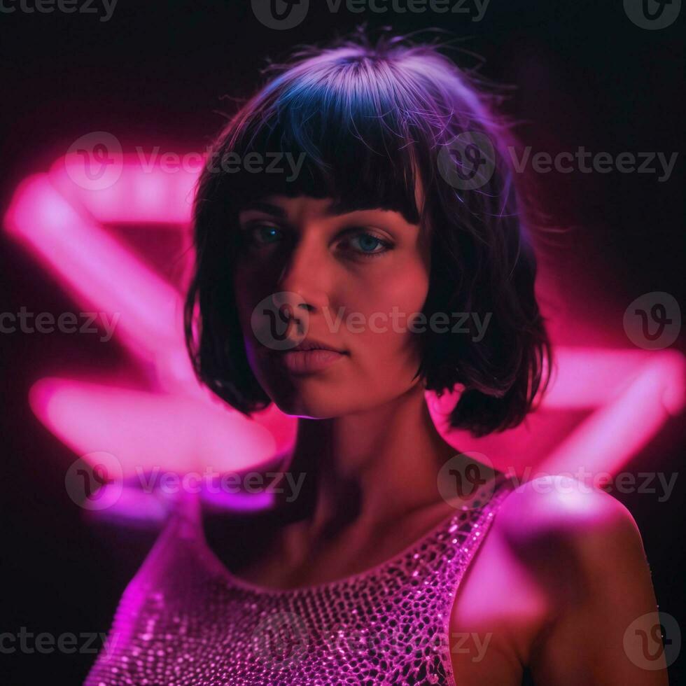 foto van mooi vrouw met kort haar- en gemengd roze neon licht, generatief ai