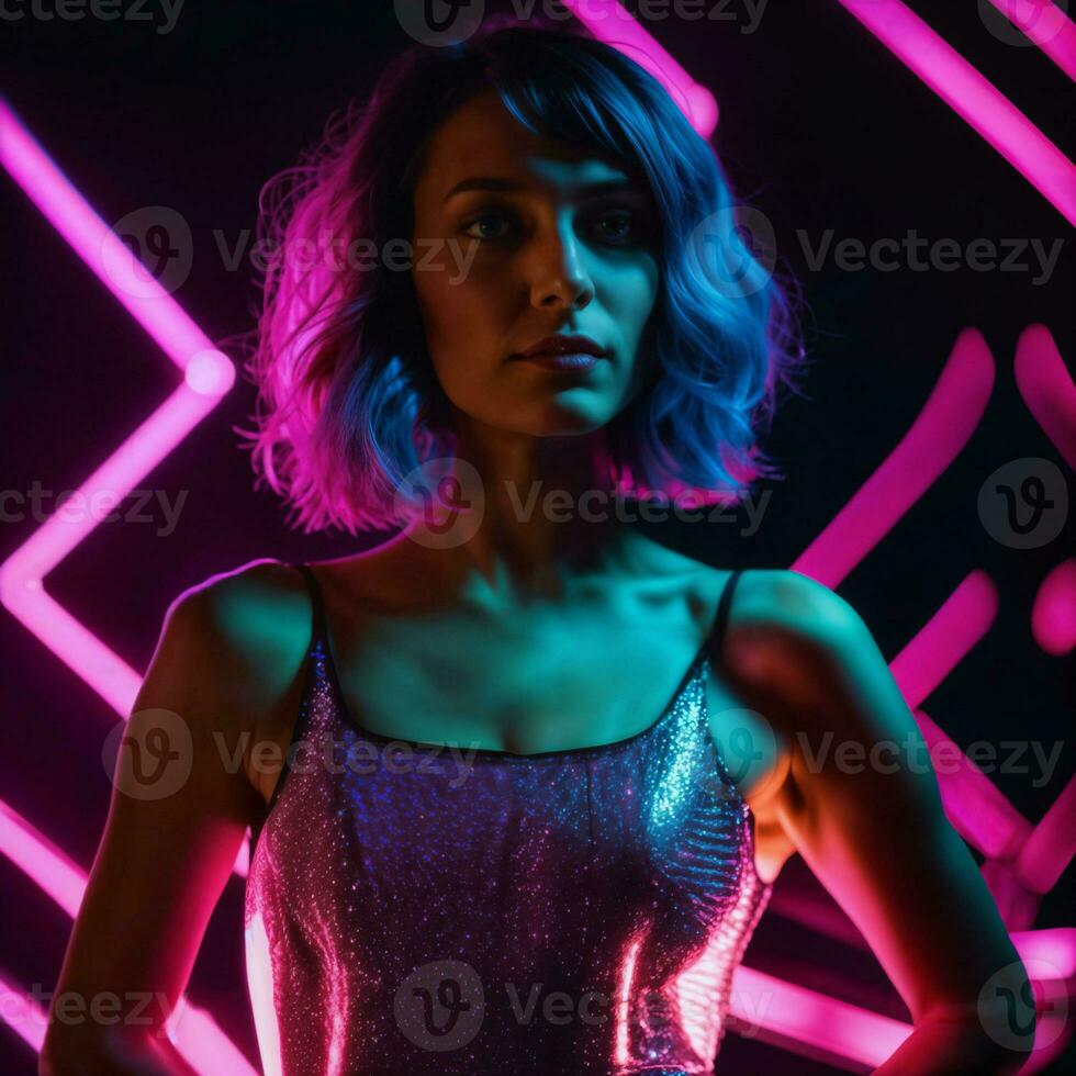 foto van mooi vrouw met kort haar- en gemengd roze neon licht, generatief ai