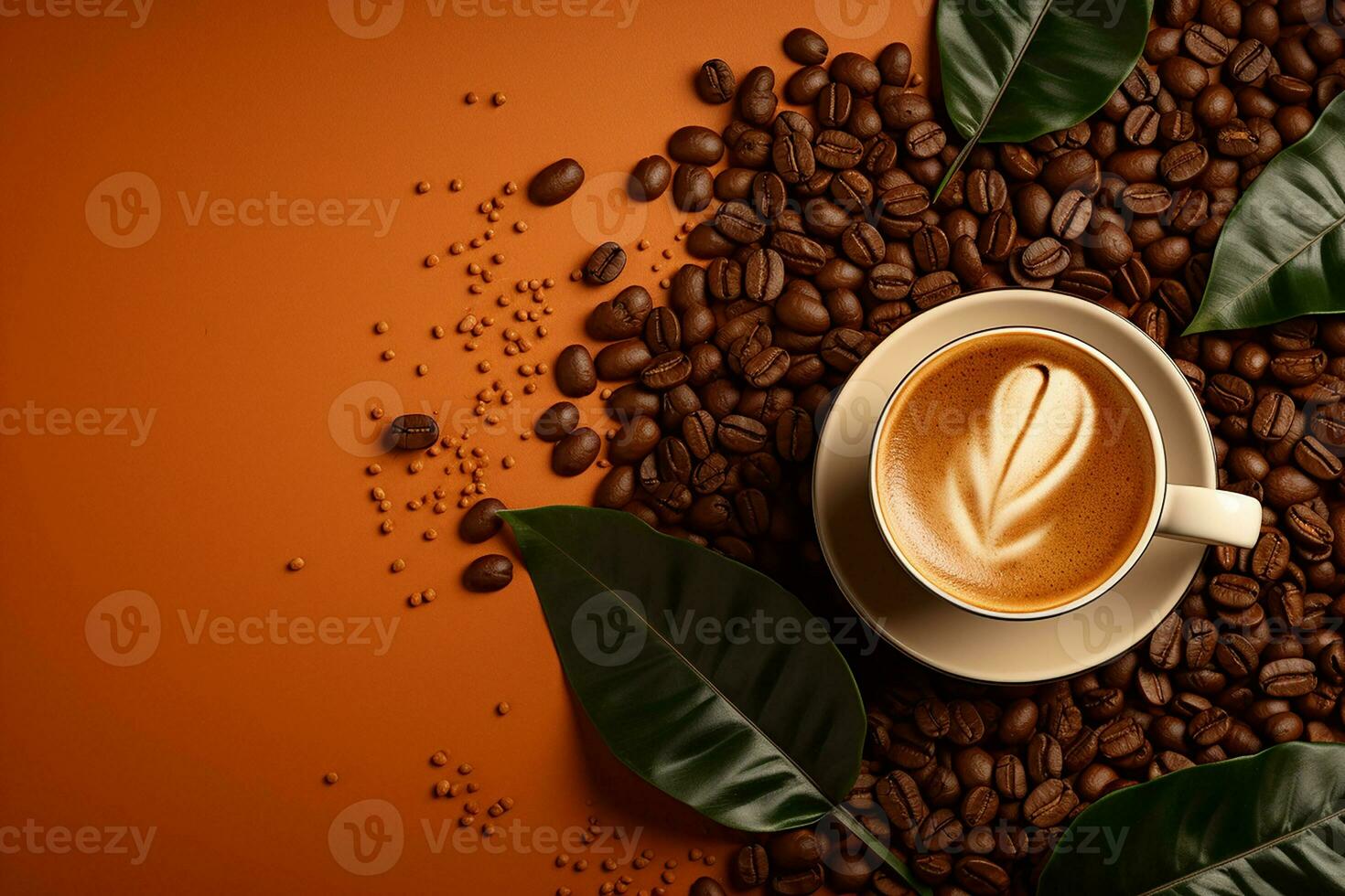 hoog hoek kop van cappuccino met latte kunst Aan bruin achtergrond. mooi tarwe getrokken in de schuim, groen keramisch beker, veel van koffie bonen en blad naast de glas. generatief ai foto