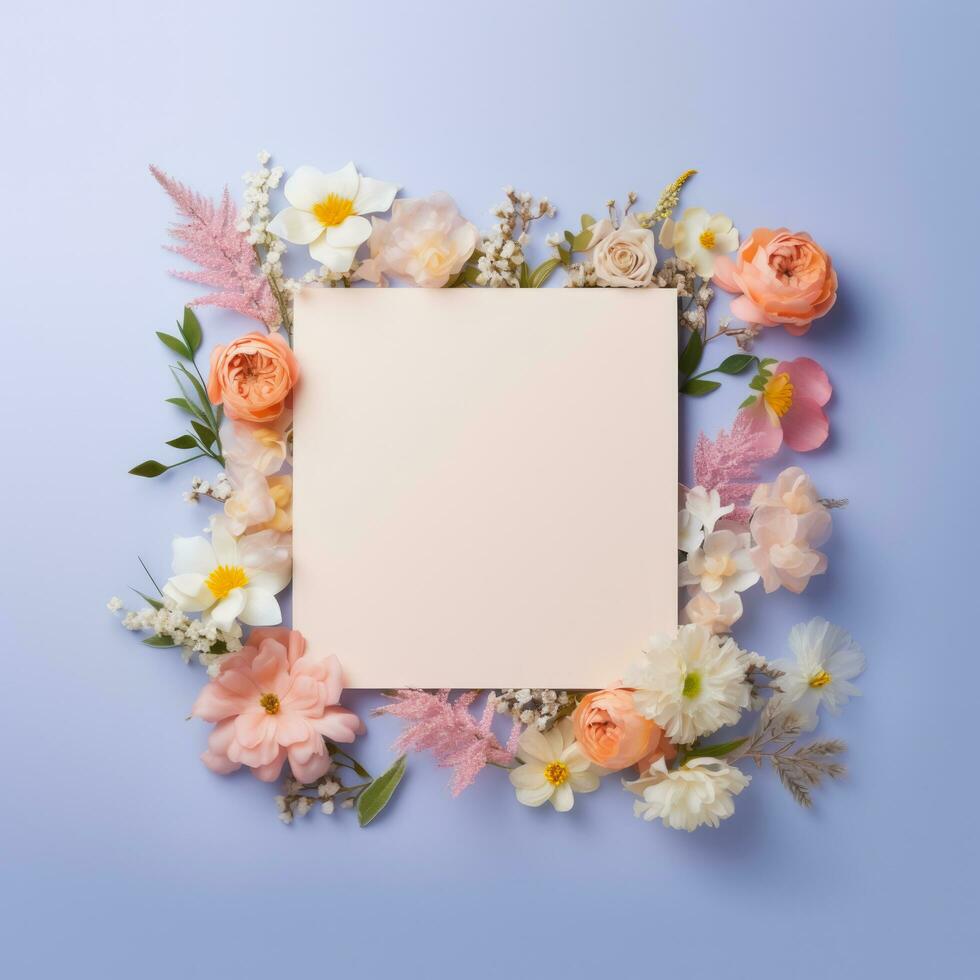 blanco papier kaart Aan omringen bloemen, bruiloft kaart mockup Aan pastel kleur achtergrond, ai generatief. foto