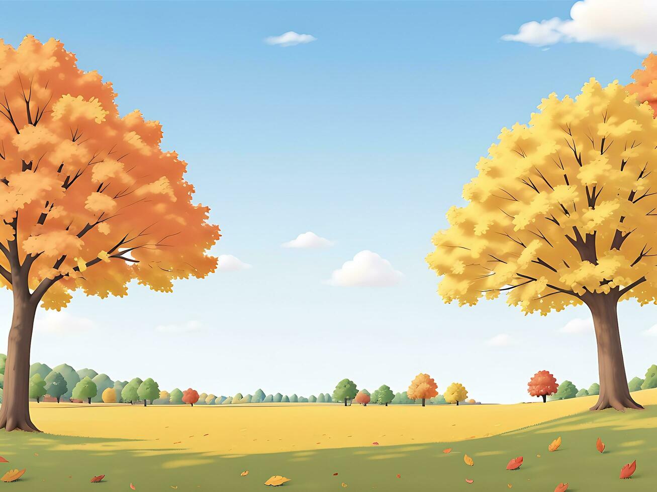 landschap van een mooi herfst park. mooi herfst bomen, vallend kleurrijk bladeren, wolken en de lucht. vector katoen illustratie, ai gegenereerd foto