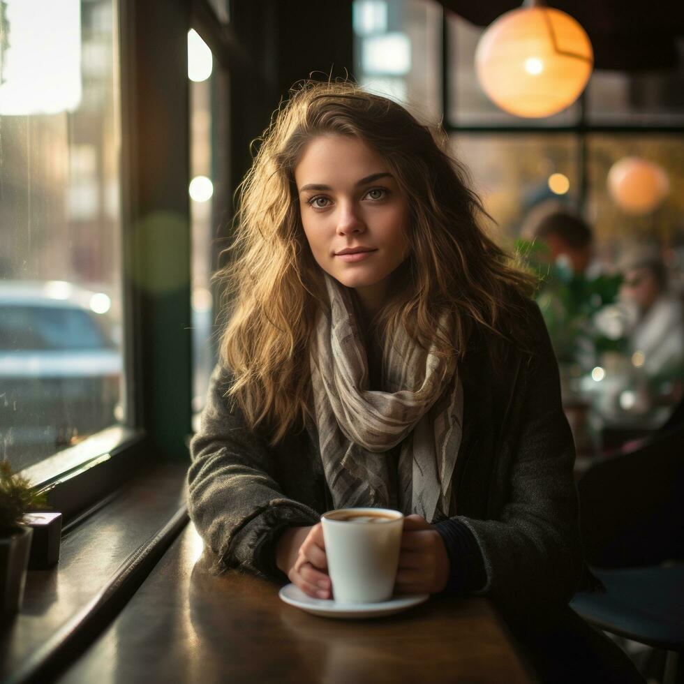 jong vrouw in straat cafe foto