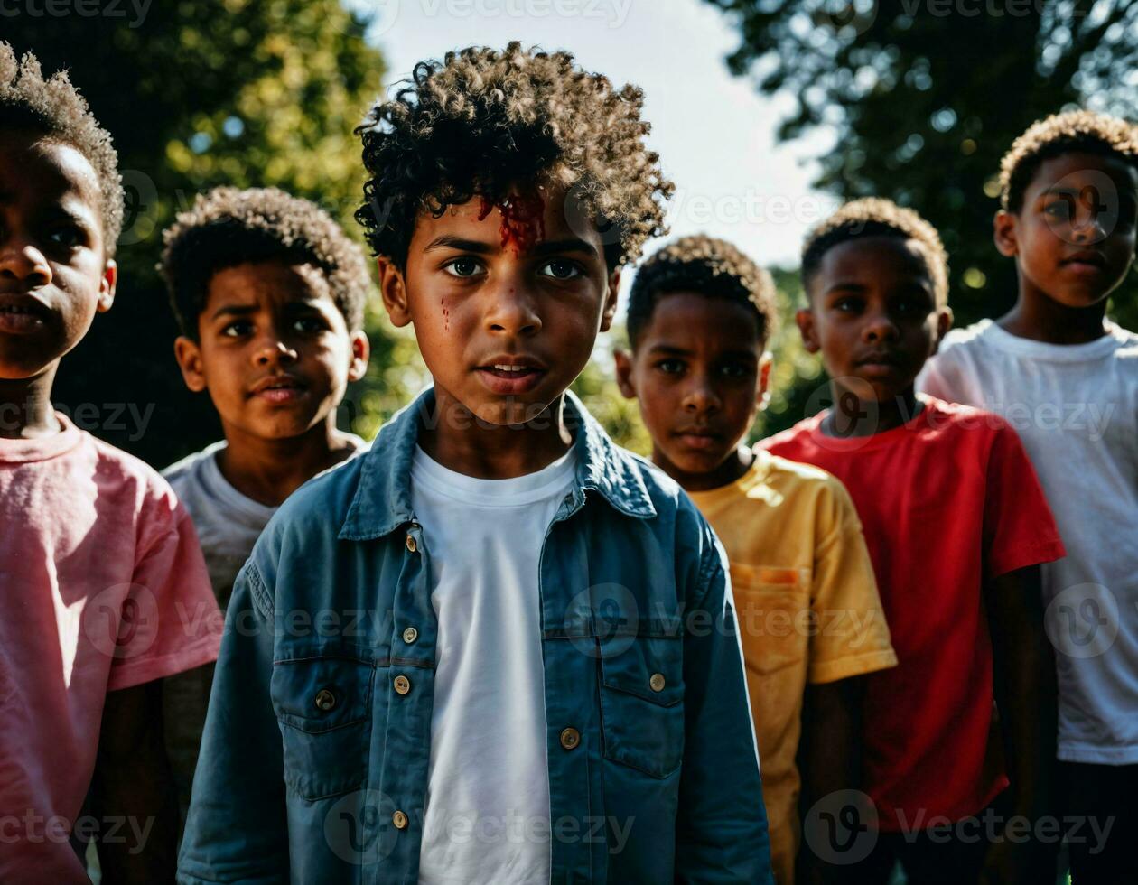 foto groep van jongen wezen gepest met wond en bloed in de bende, generatief ai