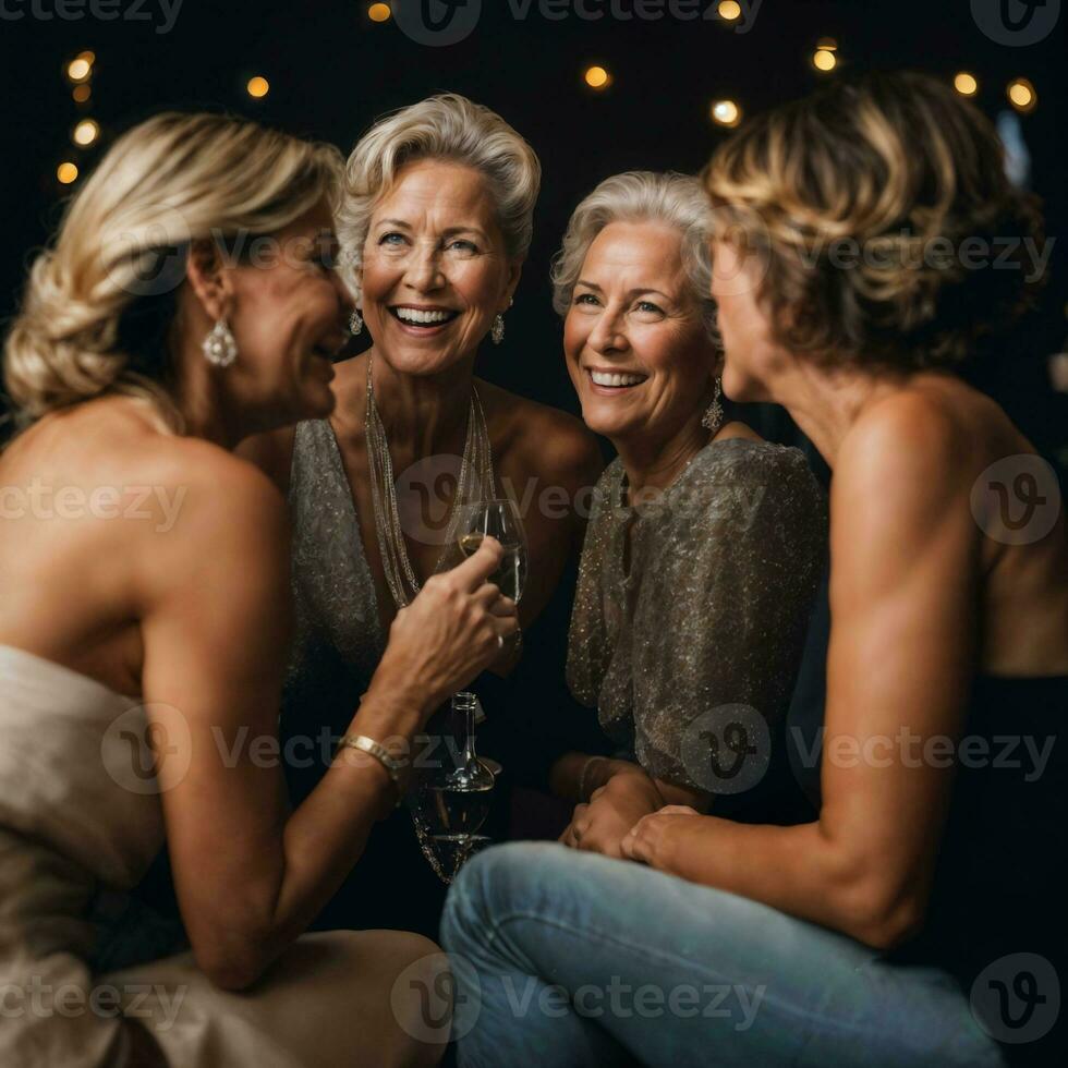 groep van gelukkig midden- oud oud vrouw Bij de nacht partij, generatief ai foto