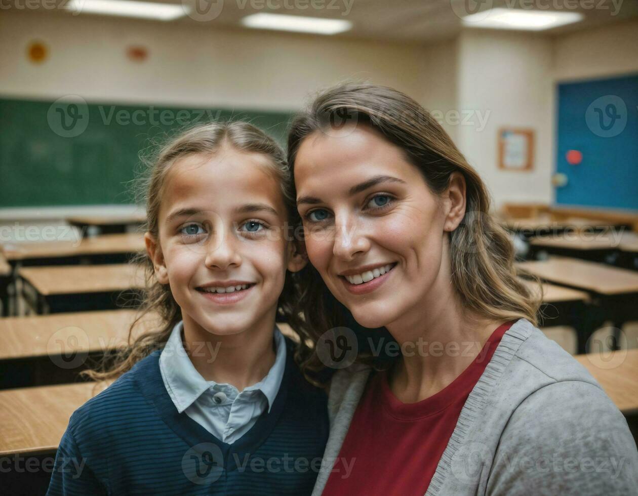 foto van gelukkig leraar en kinderen Bij school- kamer, generatief ai