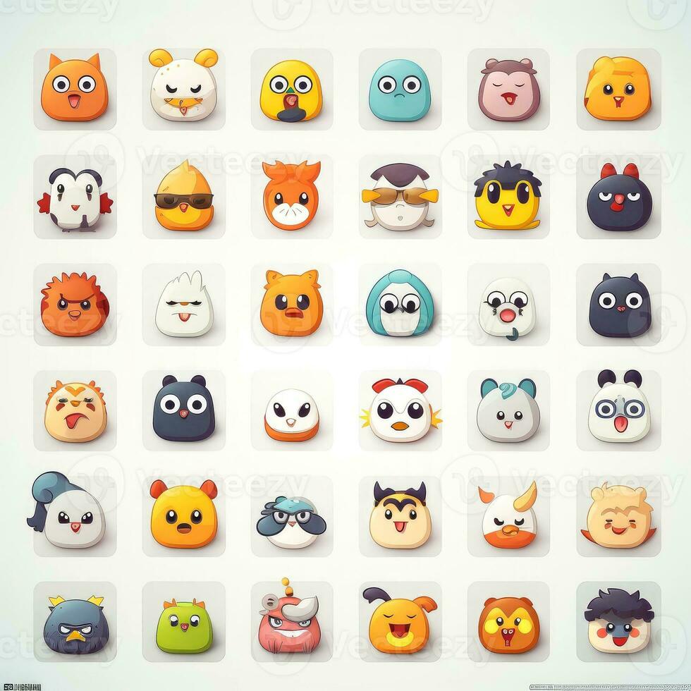 reeks van dier gezichten, gezicht emoji's, stickers, emoticons, tekenfilm grappig mascotte tekens gezicht set, generatief ai illustratie foto