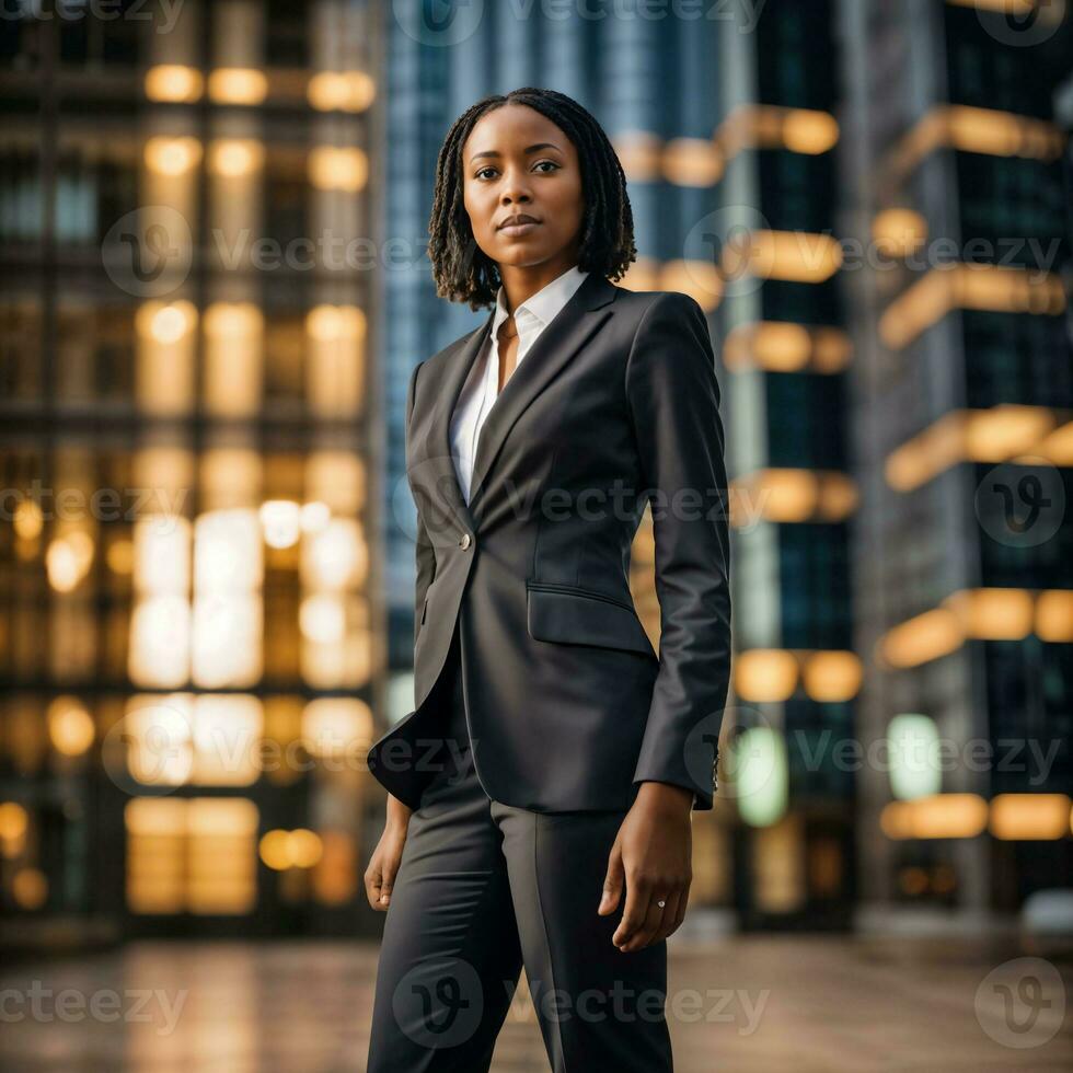 foto van slim Afrikaanse vrouw met zwart bedrijf pak Bij groot modern stad, generatief ai