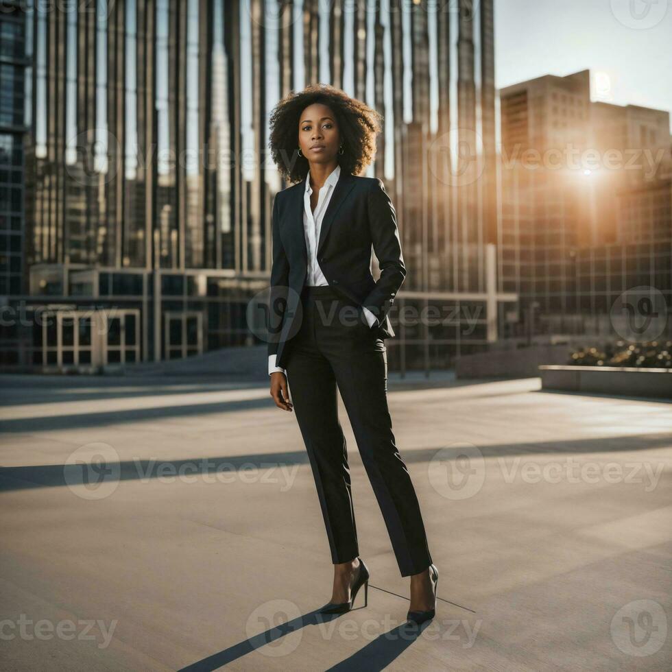 foto van slim Afrikaanse vrouw met zwart bedrijf pak Bij groot modern stad, generatief ai