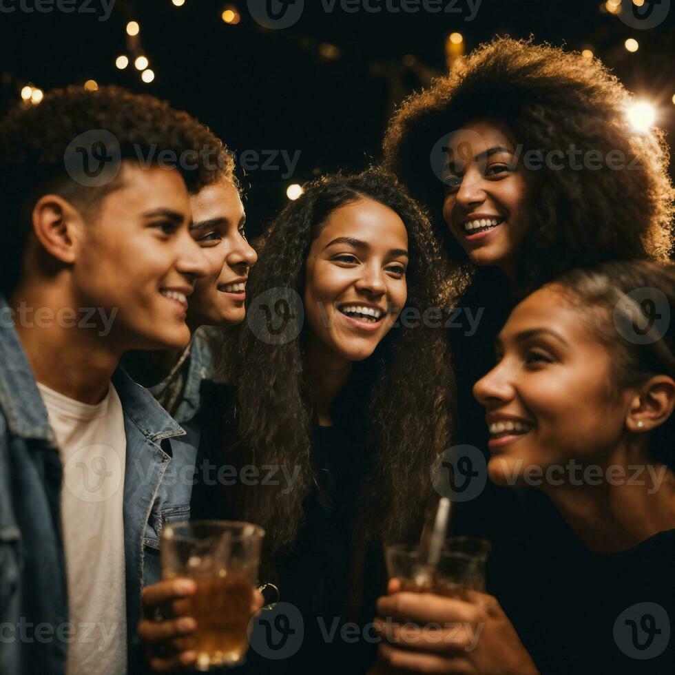 groep van gelukkig jong tiener- Bij de nacht partij, generatief ai foto